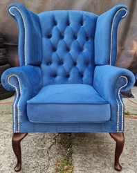 Luxury Chesterfield Wing Armchair Blue Dark Brown