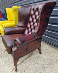 Luxury Chesterfield Leather Wing Armchair Wine Red Black Dark Brown