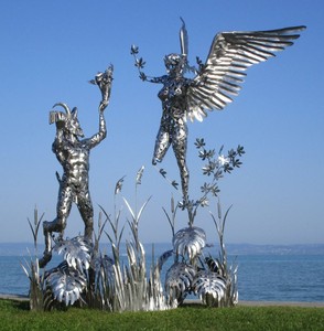 Sculpture figure décorative de jardin de luxe ange et pan argent