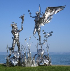 Luxus Garten Deko Skulptur Figur Engel und Pan Silber