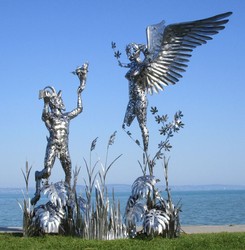 Luxus Garten Deko Skulptur Figur Engel und Pan Silber