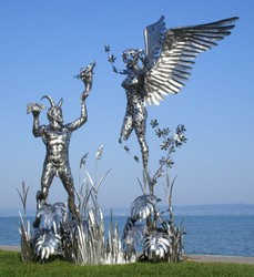 Luxus Garten Deko Skulptur Figur Engel und Pan Silber