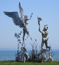 Luxus Garten Deko Skulptur Figur Engel und Pan Silber