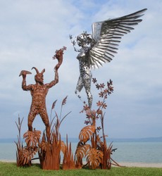 Luxus Garten Deko Skulptur Figur Engel und Pan Rost Silber