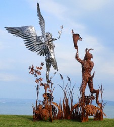 Luxus Garten Deko Skulptur Figur Engel und Pan Rost Silber
