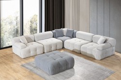 Modulares Luxus Wohnzimmer Ecksofa mit Hocker Hellgrau Grau