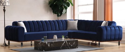 Luxus Wohnzimmer Ecksofa Blau Braun Silber
