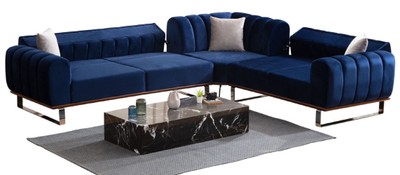 Casa Padrino Luxus Ecksofa mit verstellbaren Rückenlehnen Blau / Braun / Silber 320 x 180 x H. 80 cm - Wohnzimmer Sofa - Wohnzimmer Möbel - Luxus Möbel - Luxus Einrichtung