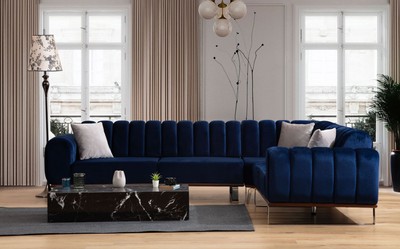 Casa Padrino Luxus Ecksofa mit verstellbaren Rückenlehnen Blau / Braun / Silber 320 x 180 x H. 80 cm - Wohnzimmer Sofa - Wohnzimmer Möbel - Luxus Möbel - Luxus Einrichtung