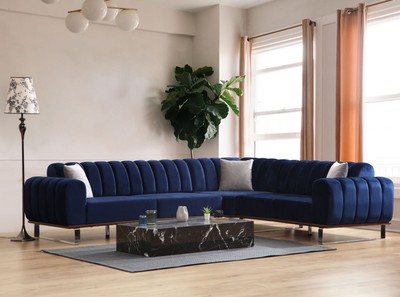 Casa Padrino Luxus Ecksofa mit verstellbaren Rückenlehnen Blau / Braun / Silber 320 x 180 x H. 80 cm - Wohnzimmer Sofa - Wohnzimmer Möbel - Luxus Möbel - Luxus Einrichtung