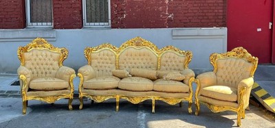 Casa Padrino luxury baroque living room set beige pattern / gold - 1 Baroque Sofa & 2 Baroque Armchairs - Luxury living room furniture in baroque style - Baroque furniture