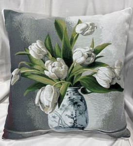 Cojín decorativo de lujo flores con jarrón gris blanco multicolor