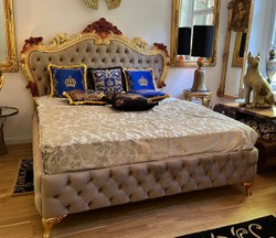 Casa Padrino letto matrimoniale barocco di lusso con materasso grigio / oro / marrone - Magnifico letto in legno massiccio - Mobili per camera da letto di lusso in stile barocco - Mobili barocchi