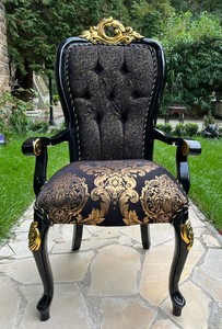 Casa Padrino chaise de salle à manger baroque de luxe avec accoudoirs noir / or - Meubles de salle à manger de luxe de style baroque - Magnifiques meubles baroques - Intérieur baroque