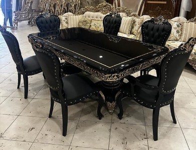 Casa Padrino conjunto de comedor barroco de lujo negro / oro - 1 Mesa de Comedor Barroco y 6 Sillas de Comedor Barrocos - Muebles de comedor barrocos - Noble y Magnífico