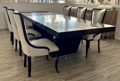 Casa Padrino Conjunto de Comedor Art Déco de Lujo Beige / Marrón / Oro - 1 Mesa de Comedor Extensible y 6 Sillas de Comedor - Muebles de Comedor Art Deco de Lujo - Hecho en Italia