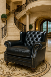 Casa Padrino fauteuil à oreilles Chesterfield de luxe noir / marron foncé - Fauteuil de salon Chesterfield en cuir véritable - Meubles de salon Chesterfield en cuir - Meubles de luxe Casa Padrino fauteuil à oreilles Chesterfield de luxe noir / marron foncé - Fauteuil de salon Chesterfield en cuir véritable - Meubles de salon Chesterfield en cuir - Meubles de luxe