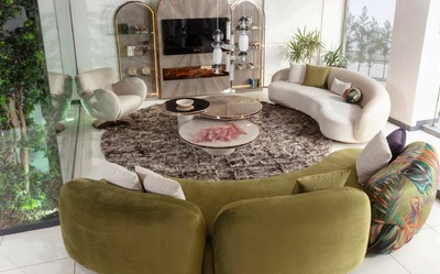 Casa Padrino Luxus Sofa Grün / Mehrfarbig / Kupfer 330 x 110 x H. 70 cm - Gebogenes Wohnzimmer Sofa - Hotel Sofa - Wohnzimmer Möbel - Hotel Möbel - Luxus Möbel - Luxus Einrichtung