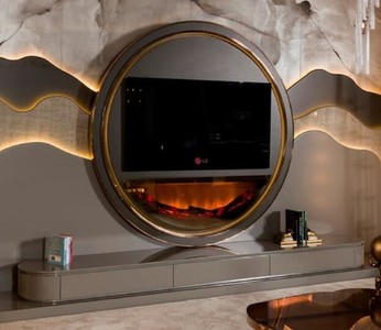 Luxus TV Schrank Set mit LED Kamin Grau Gold