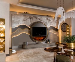 Set di armadio TV di lusso con caminetto a LED grigio oro