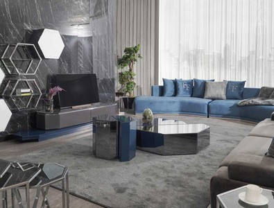 Casa Padrino Luxus Sofa Blau / Silber 480 x 100 x H. 70 cm - Gebogenes Wohnzimmer Sofa - Hotel Sofa - Wohnzimmer Möbel - Hotel Möbel - Luxus Möbel - Luxus Einrichtung