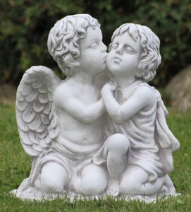 Casa Padrino scultura decorativa Art Nouveau 2 angeli grigio 45 x 25 x A. 39 cm - Elegante figura decorativa in pietra - Decorazione da giardino - Accessori Decorativi Barocchi e Art Nouveau