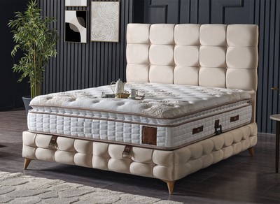 Luxus Doppelbett mit Matratze Creme Weiß Braun