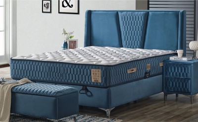 Luxus Doppelbett mit Matratze Blau Weiß Silber