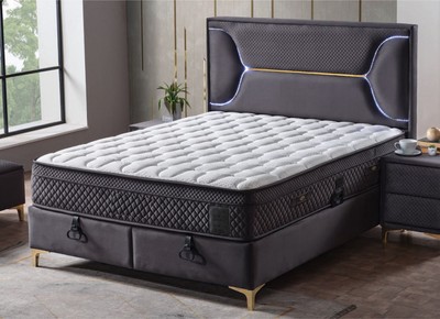 Luxus Doppelbett mit LED Beleuchtung und Matratze Lila Weiß Gold