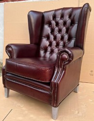 Casa Padrino luxury Chesterfield wing armchair wine red / gray 90 x 90 x H. 110 cm - Genuine leather Chesterfield living room armchair - Chesterfield furniture - Luxury furniture