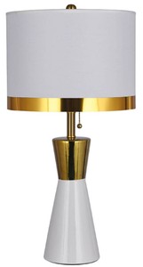 Casa Padrino Luxus Keramik Tischleuchte Weiß / Gold / Weiß Ø 30 x H. 60 cm - Runde Keramik Schreibtischleuchte mit Lampenschirm - Luxus Keramik Leuchten