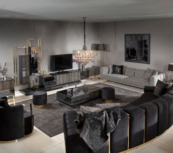 Casa Padrino Luxus 5er Sofa Schwarz / Gold 420 x 100 x H. 80 cm - Gebogenes Wohnzimmer Sofa - Hotel Sofa - Wohnzimmer Möbel - Hotel Möbel - Luxus Möbel - Luxus Einrichtung