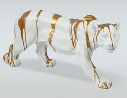 Luxus XXL Wohnzimmer Garten Deko Skulptur Figur Panther Weiß Gold
