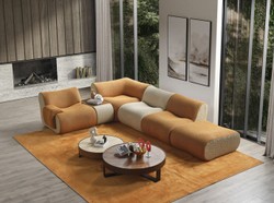 Casa Padrino sofá esquinero de lujo marrón / crema / gris 340 x 232 x A. 72 cm - Sofá modular de salón de 6 piezas - Sofá de hotel - Muebles de salón - Muebles de hotel - Muebles de lujo
