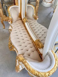Prunkvoller Barock Spiegel mit Sitzbank weiß grau mehrfarbig gold