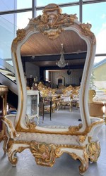 Prunkvoller Barock Spiegel mit Sitzbank weiß grau mehrfarbig gold