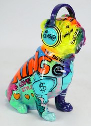 Luxus Designer Deko Skulptur Figur Hund Bulldogge mit Kopfhörer Bunt