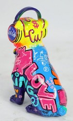 Luxus Designer Deko Skulptur Figur Hund Bulldogge mit Kopfhörer Bunt