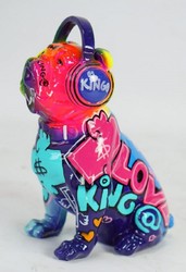 Luxus Designer Deko Skulptur Figur Hund Bulldogge mit Kopfhörer Bunt