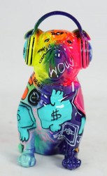 Luxus Designer Deko Skulptur Figur Hund Bulldogge mit Kopfhörer Bunt