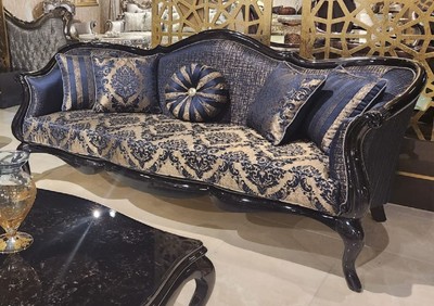 Casa Padrino sofá de salón barroco de lujo con patrón oro / azul / negro - Sofá de estilo barroco hecho a mano - Muebles de salón de lujo en estilo barroco - Muebles barrocos - Noble y Magnífico