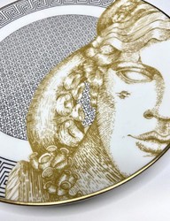 Runder Luxus Porzellan Teller Weiß Schwarz Gold