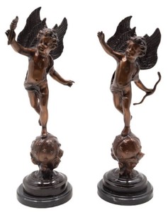 Casa Padrino conjunto de escultura decorativa de bronce Art Nouveau de lujo ángel 15 x 14 x A. 46 cm - Figuras decorativas de bronce con base de mármol - Accesorios Barrocos y Art Nouveau