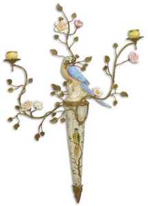 Jugendstil Porzellan Wandkerzenhalter Papagei Mehrfarbig Messing