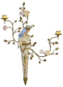 Jugendstil Porzellan Wandkerzenhalter Papagei Mehrfarbig Messing