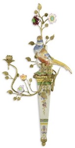 Jugendstil Porzellan Wandkerzenhalter Papagei Mehrfarbig Messing