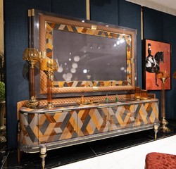 Casa Padrino ensemble de meuble TV Art Déco de luxe multicolore / marron / gris / or - Buffet de salon en bois massif avec mur de TV - Meubles de salon Art Déco de luxe