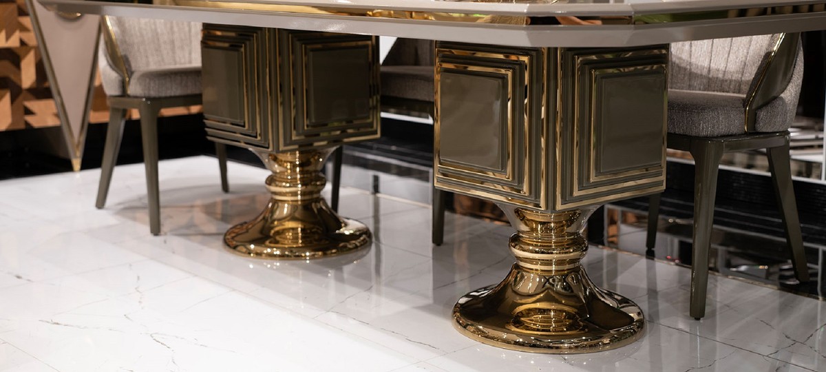 Casa Padrino tavolo da pranzo di lusso grigio / marrone / oro - Tavolo da cucina rettangolare di lusso - Mobili per sala da pranzo - Mobili di lusso Casa Padrino tavolo da pranzo di lusso grigio / marrone / oro - Tavolo da cucina rettangolare di lusso - Mobili per sala da pranzo - Mobili di lusso