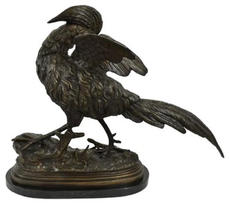 Casa Padrino Luxus Bronze Deko Skulptur Fasan Bronze / Schwarz 69 x 20 x H. 53 cm - Bronze Figur mit Marmorsockel - Deko Figur - Schreibtisch Deko - Deko Accessoires