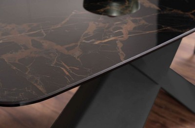 Casa Padrino Luxus Esstisch mit gehärteter Glaskeramik Tischplatte Schwarz-Braun / Matt Schwarz 180 x 95 x H. 76 cm - Luxus Küchentisch - Esszimmer Möbel - Luxus Möbel